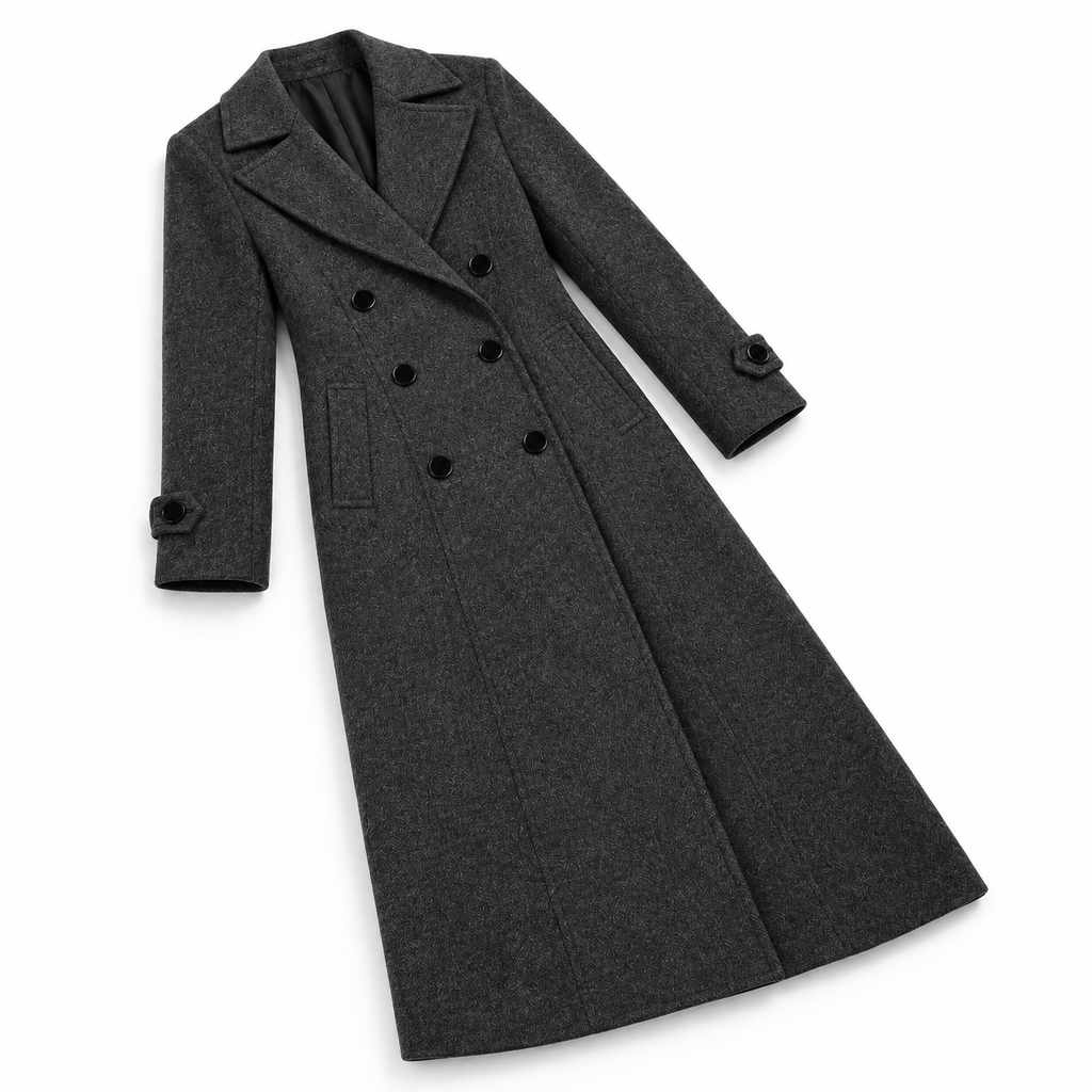 The Eleanor Double-Breasted Long Coat - 深灰色 - Three-quarter flat lay