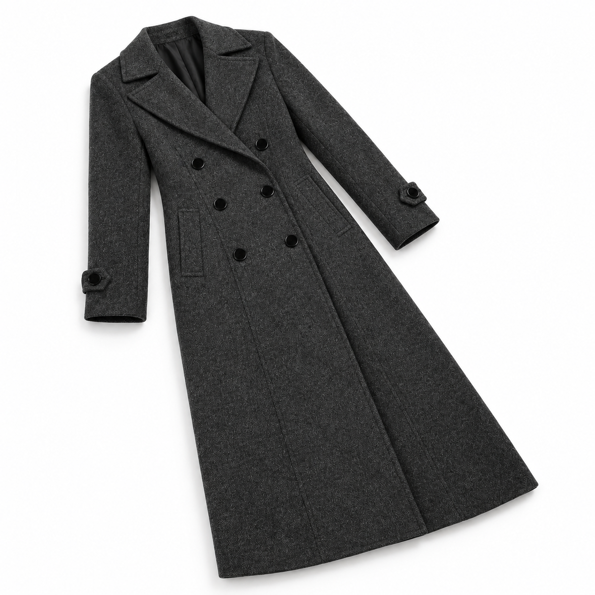 The Eleanor Double-Breasted Long Coat - 深灰色 - Three-quarter flat lay
