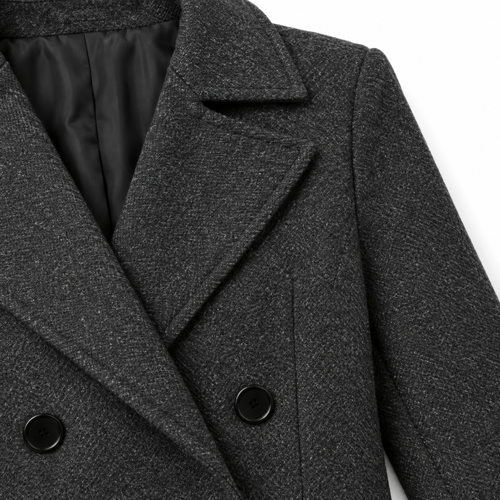 The Eleanor Double-Breasted Long Coat - 深灰色 - Lapel and button detail