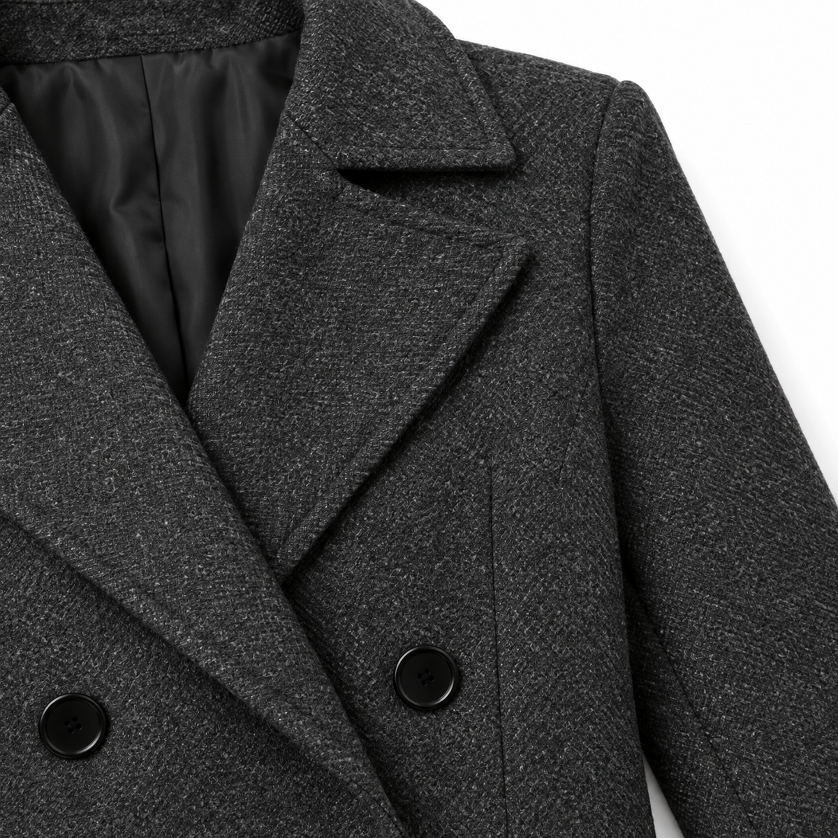 The Eleanor Double-Breasted Long Coat - 深灰色 - Lapel and button detail