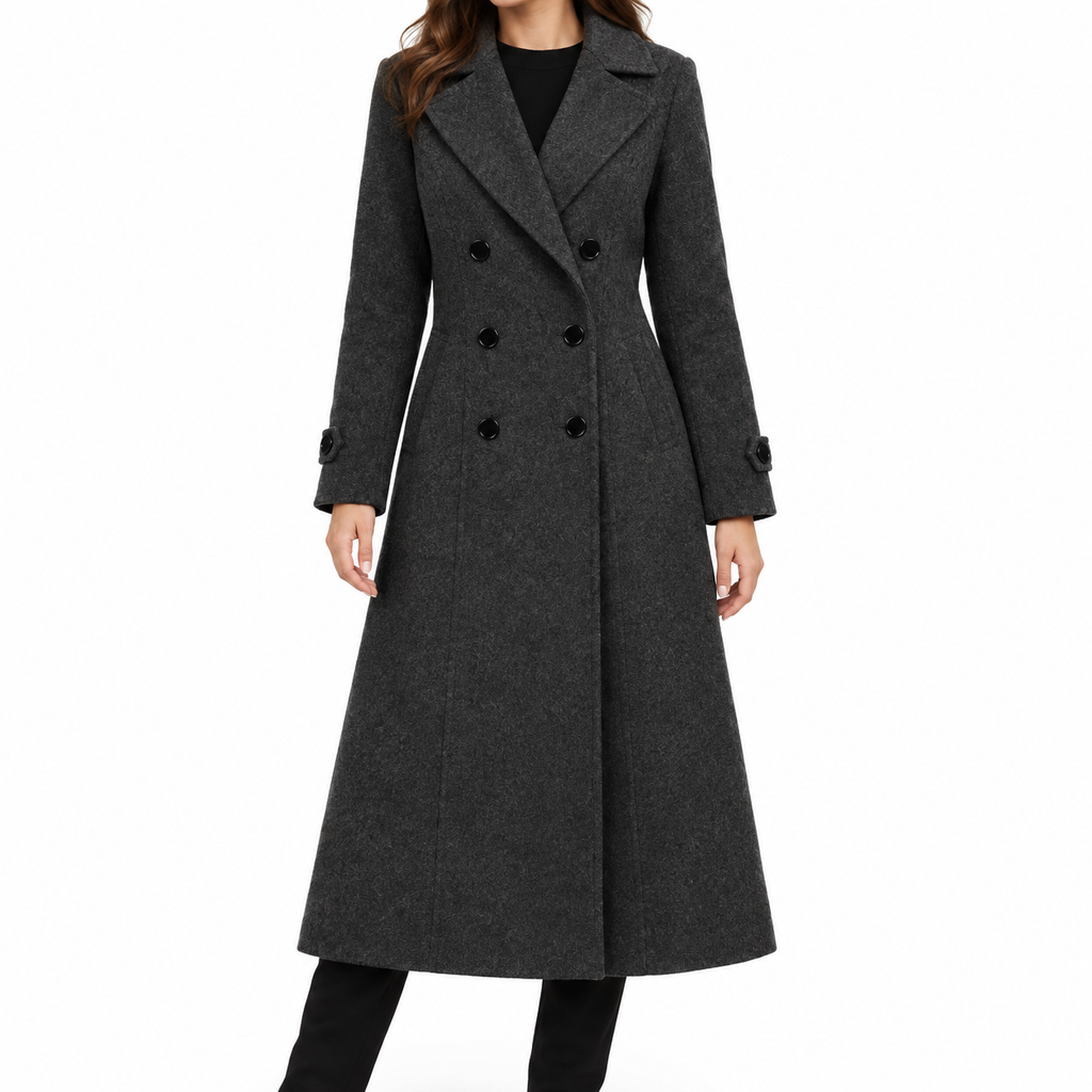 The Eleanor Double-Breasted Long Coat - 深灰色 - natural model