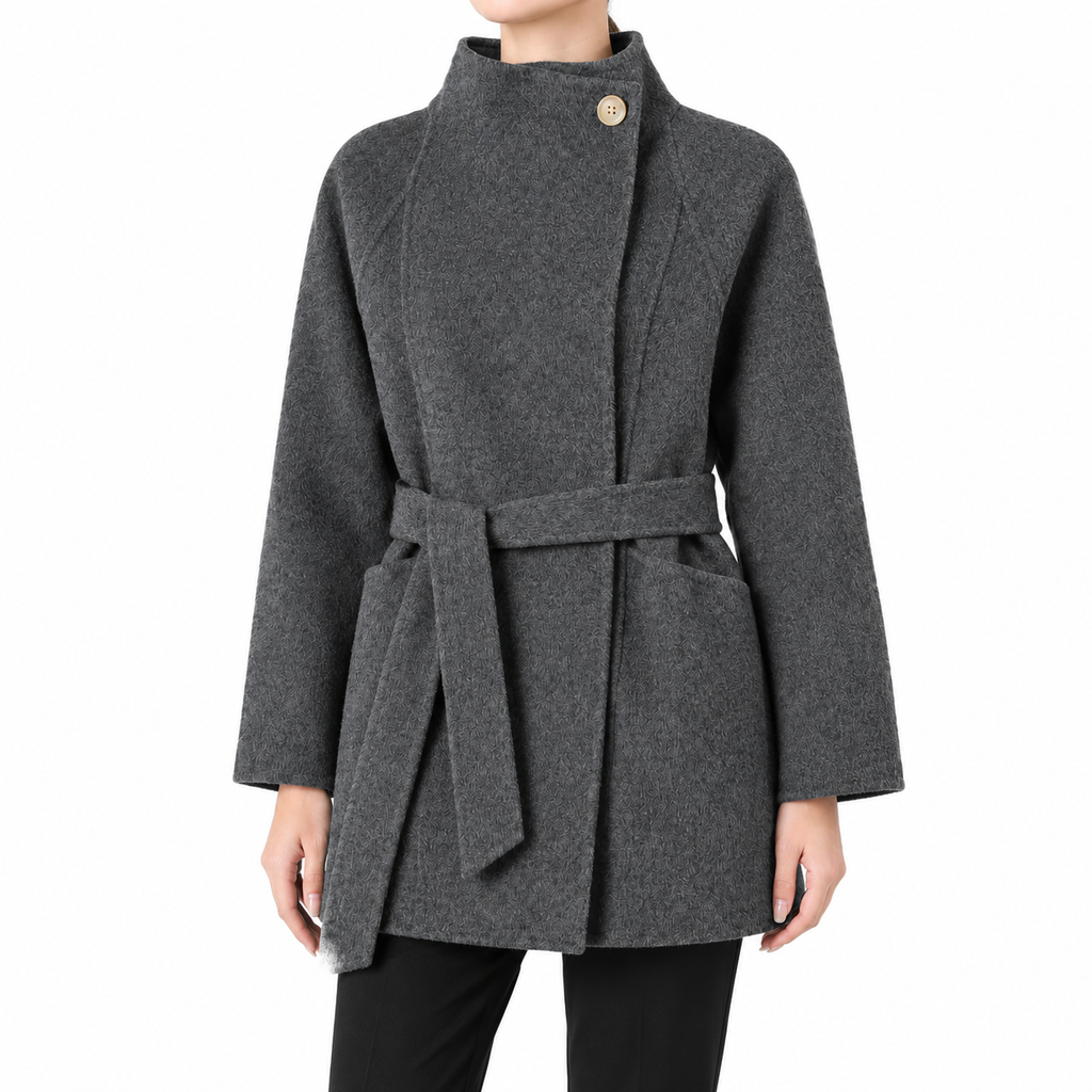 The Harriet Belted Stand-Collar Jacket - 岩雾灰 - On model · jacket fit