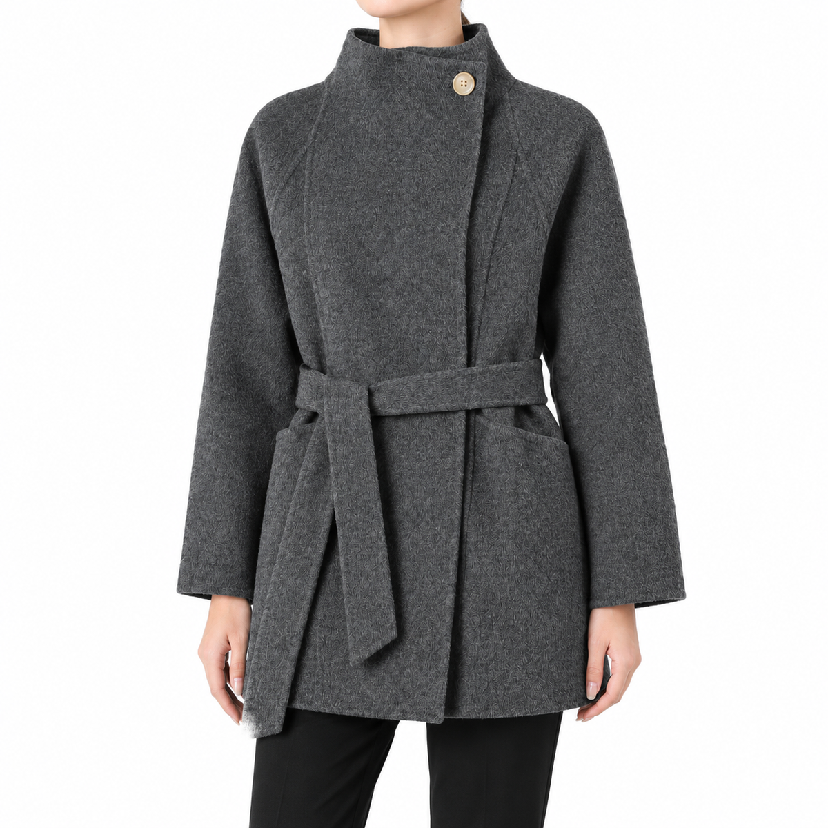 The Harriet Belted Stand-Collar Jacket - 岩雾灰 - On model · jacket fit
