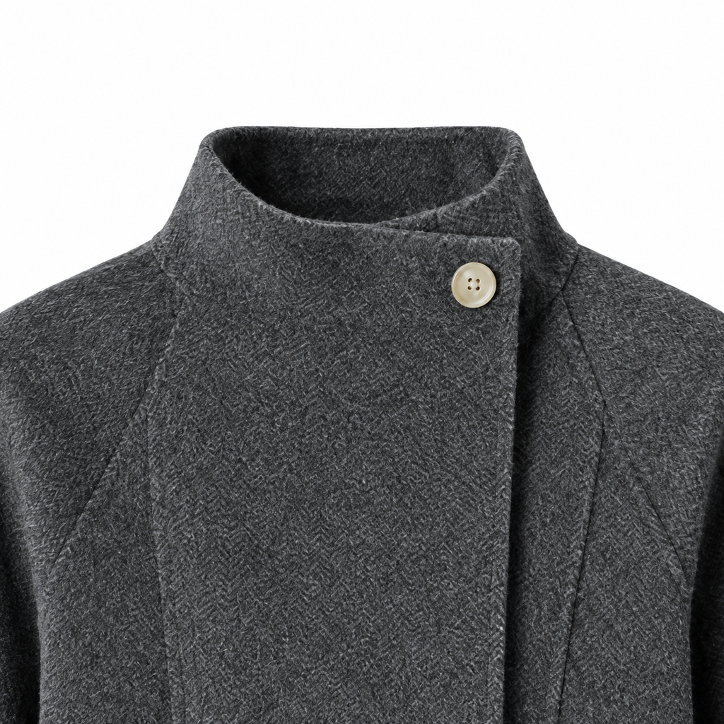 The Harriet Belted Stand-Collar Jacket - 岩雾灰 - Stand collar and button