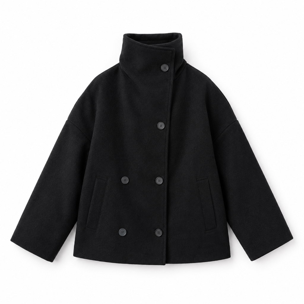 The Clara Double-Breasted Stand-Collar Short Coat - 双排扣黑色 - Main · newly generated