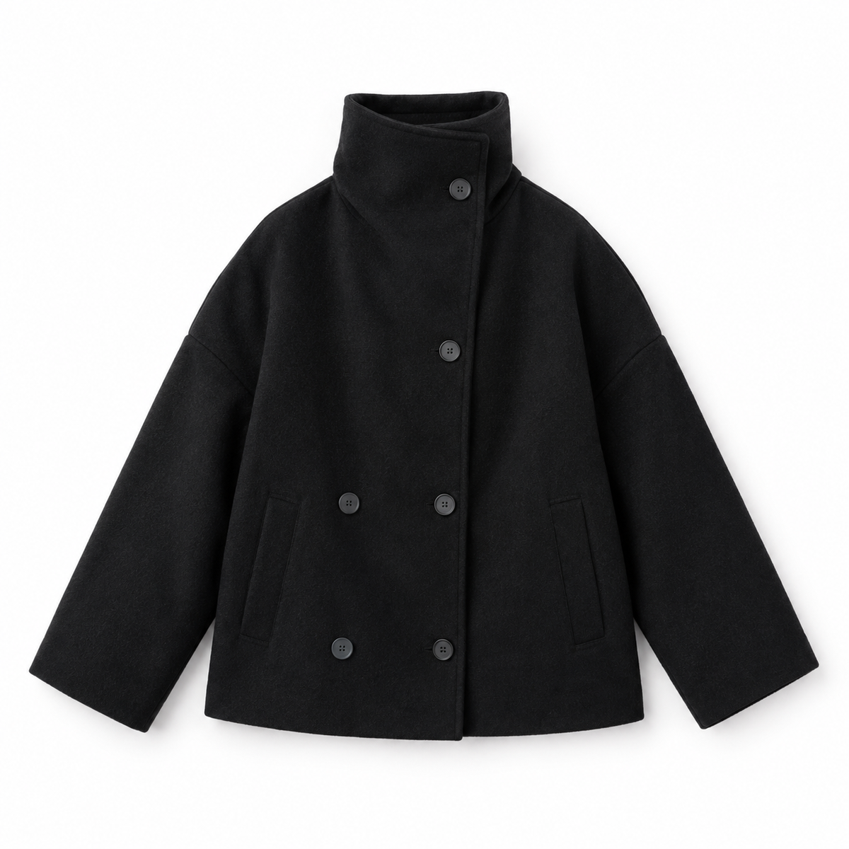 The Clara Double-Breasted Stand-Collar Short Coat - 双排扣黑色 - Main · newly generated