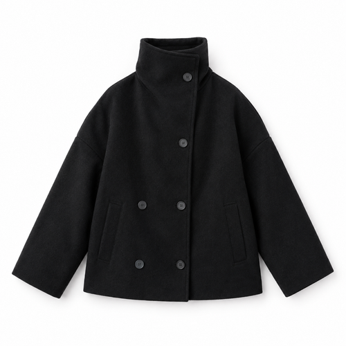 The Clara Double-Breasted Stand-Collar Short Coat - 双排扣黑色 - Main · newly generated