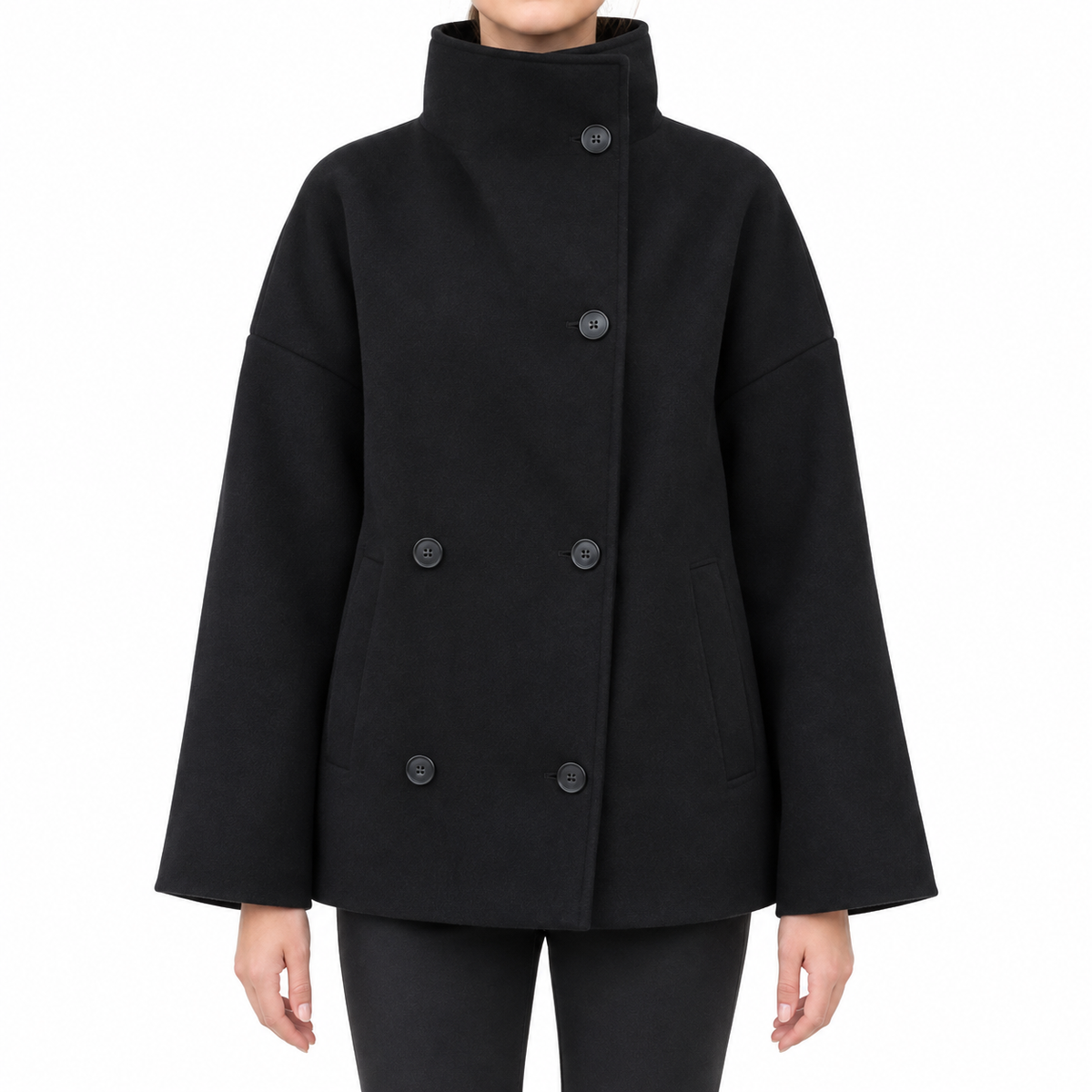 The Clara Double-Breasted Stand-Collar Short Coat - 双排扣黑色 - model scale