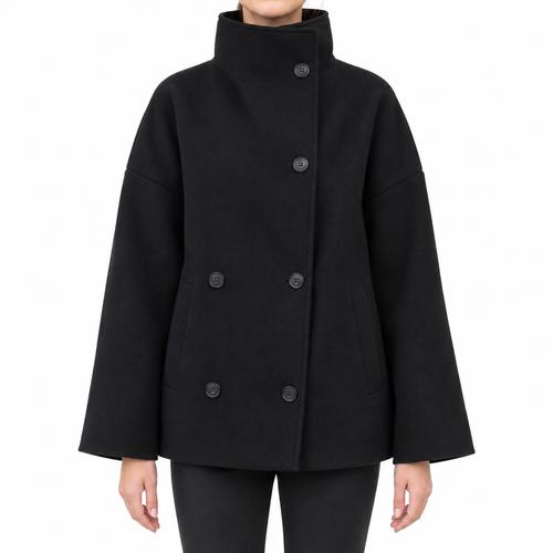The Clara Double-Breasted Stand-Collar Short Coat - 双排扣黑色 - model scale