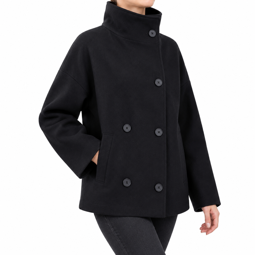 The Clara Double-Breasted Stand-Collar Short Coat - 双排扣黑色 - Front-side drape in motion
