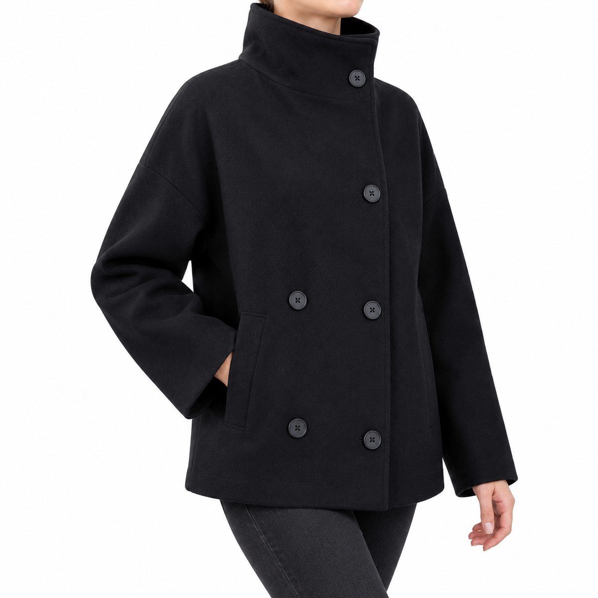 The Clara Double-Breasted Stand-Collar Short Coat - 双排扣黑色 - Front-side drape in motion