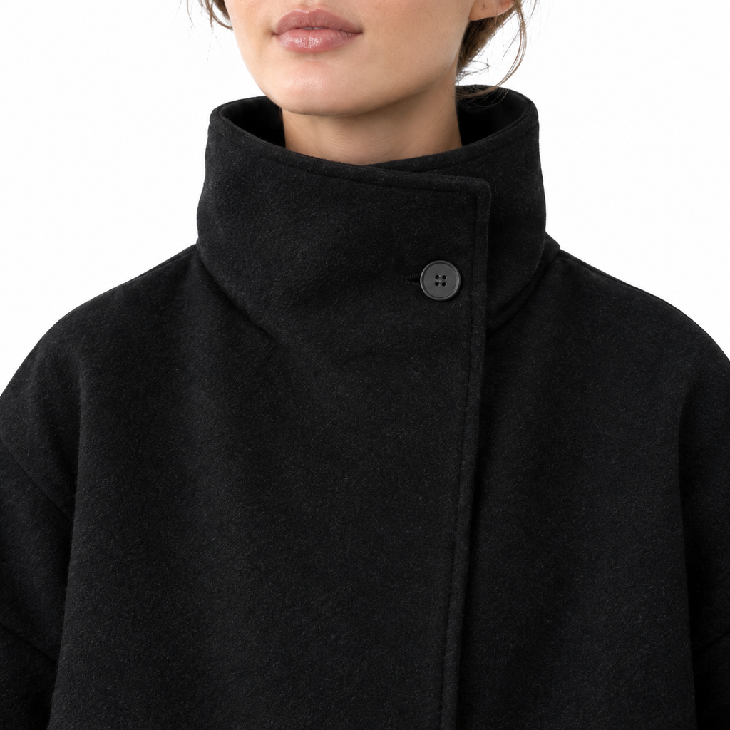 The Clara Double-Breasted Stand-Collar Short Coat - 双排扣黑色 - stand collar detail