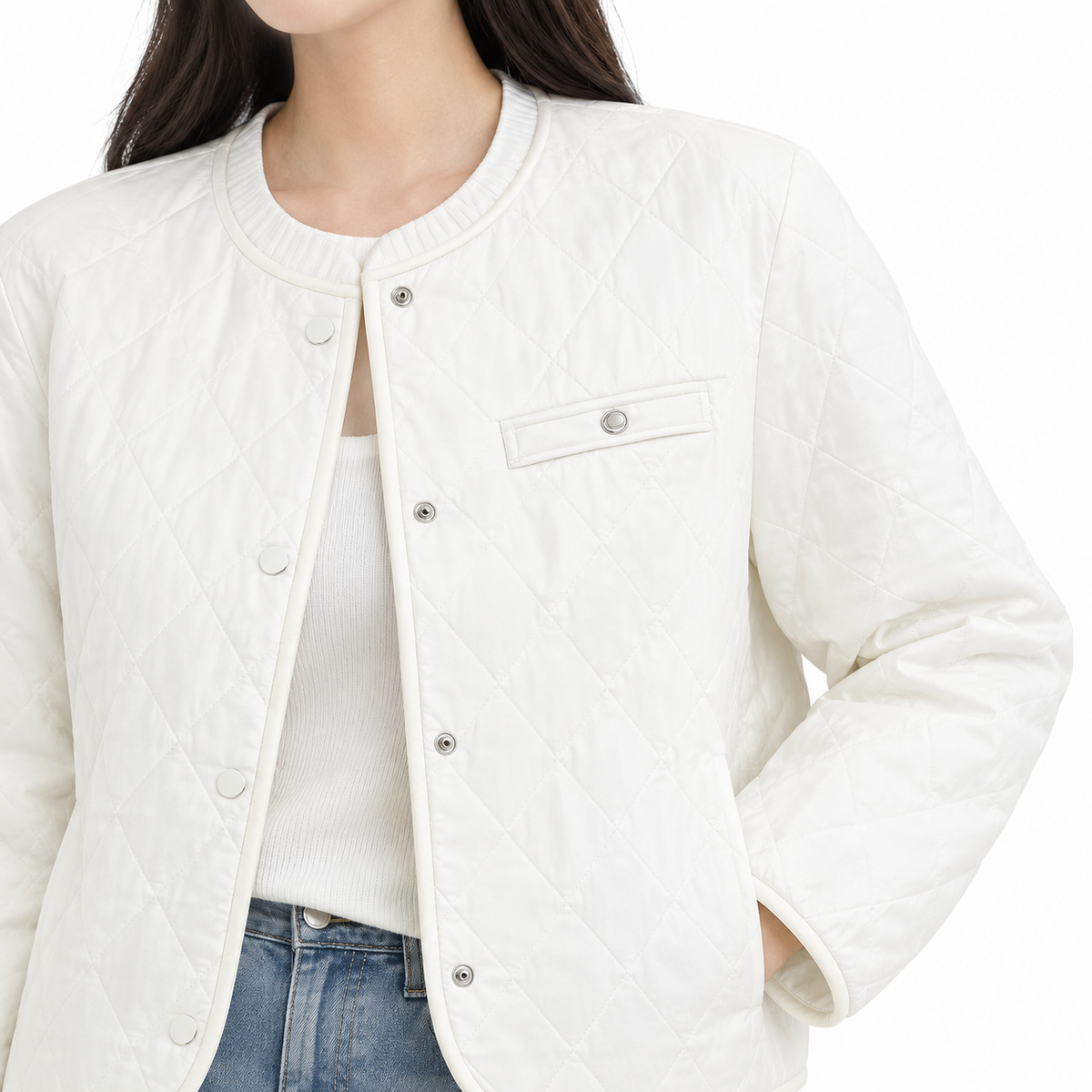 The Mabel Quilted Liner Jacket - 白色 - cuff pocket detail